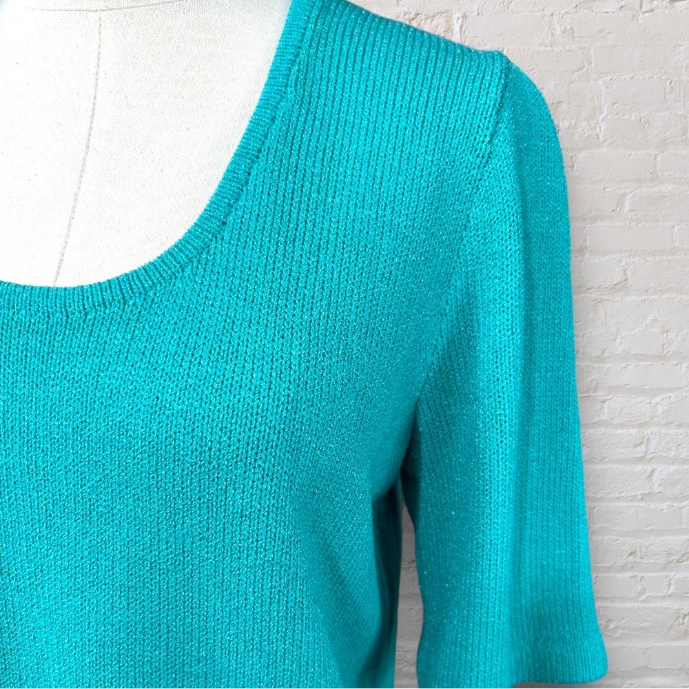 4/$20 Vintage Teal Knit Short Sleeve Sweater | Made in USA | Size S/M - Picture 4 of 5